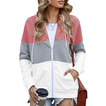 SWQZVT Hoodies for Womens Zip Up Hoodie Long Sleeve Shirts Lightweight Hooded Sweatshirts Fall Winter Tops Coat Pullover Color Block Fashion Pockets Jacket Trendy Pink Plus Size XXL