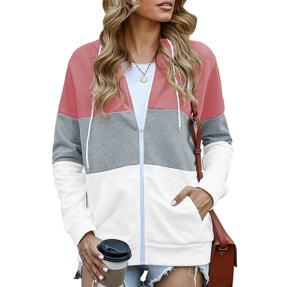 SWQZVT Hoodies for Womens Zip Up Hoodie Long Sleeve Shirts Lightweight Hooded Sweatshirts Fall Winter Tops Coat Pullover Color Block Fashion Pockets Jacket Trendy Pink Size S