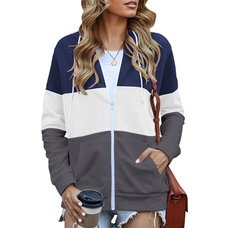 SWQZVT Hoodies for Womens Zip Up Hoodie Long Sleeve Shirts Lightweight Hooded Sweatshirts Fall Winter Tops Coat Pullover Color Block Fashion Pockets Jacket Trendy Navyblue Size M