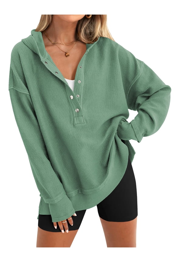 Hoodies for Women Casual Long Sleeve Side Slit Womens Pullover Oversized Botton Up V Neck Hooded Sweatshirts L