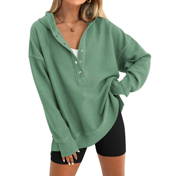SWQZVT Hoodies for Women Casual Long Sleeve Side Slit Womens Pullover Oversized Botton Up V Neck Hooded Sweatshirts S