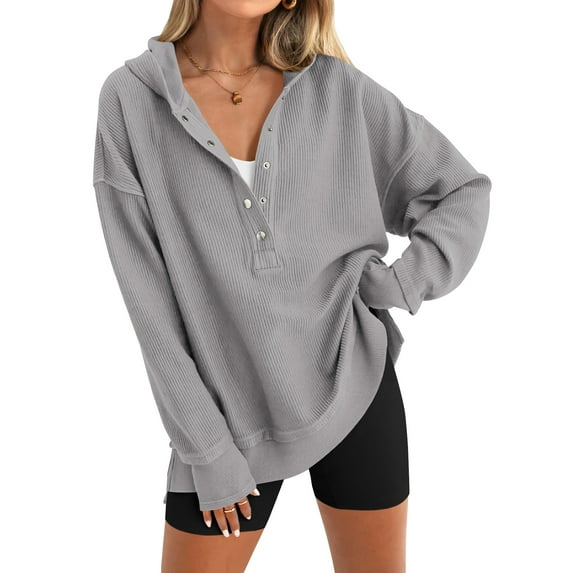 SWQZVT Hoodies for Women Long Sleeve V Neck Hooded Sweatshirts Casual Oversized Button Up Side Slit Women Pullover S