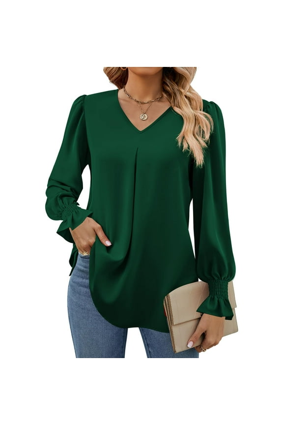 Long Sleeve Shirts for Women Fall Dressy Casual Blouses Pleated Tunic Tops Bubble Sleeve Smocked Ruffle Cuffs V Neck Business Work Tops