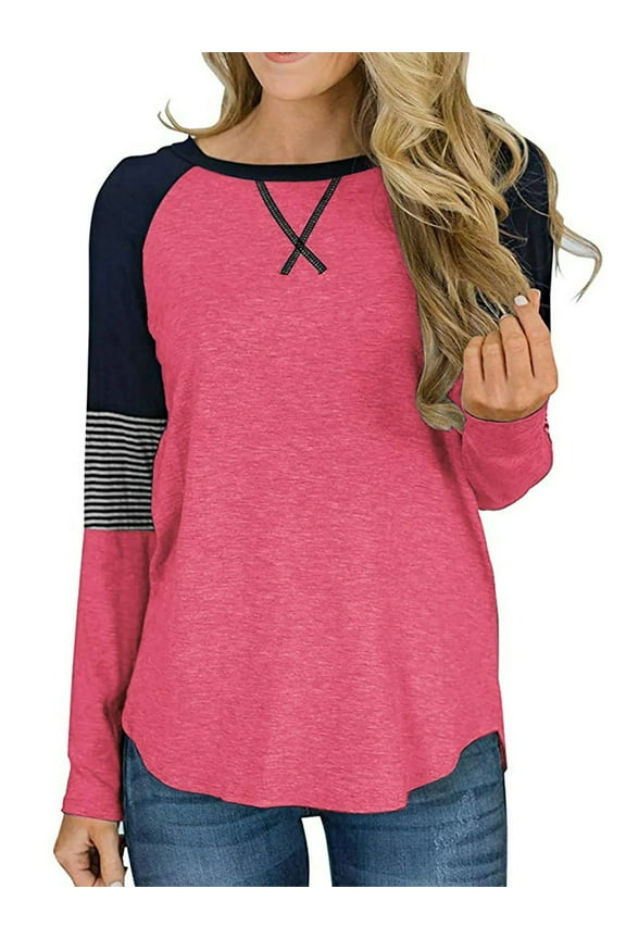 Long Sleeve Shirts for Women Fall Tops Casual Tunic Tops Striped Tops Color Block Shirts for Women Crewneck Tshirts Raglan Sleeve Pink Tees Pullover Sweatshirts Plus Size XXL