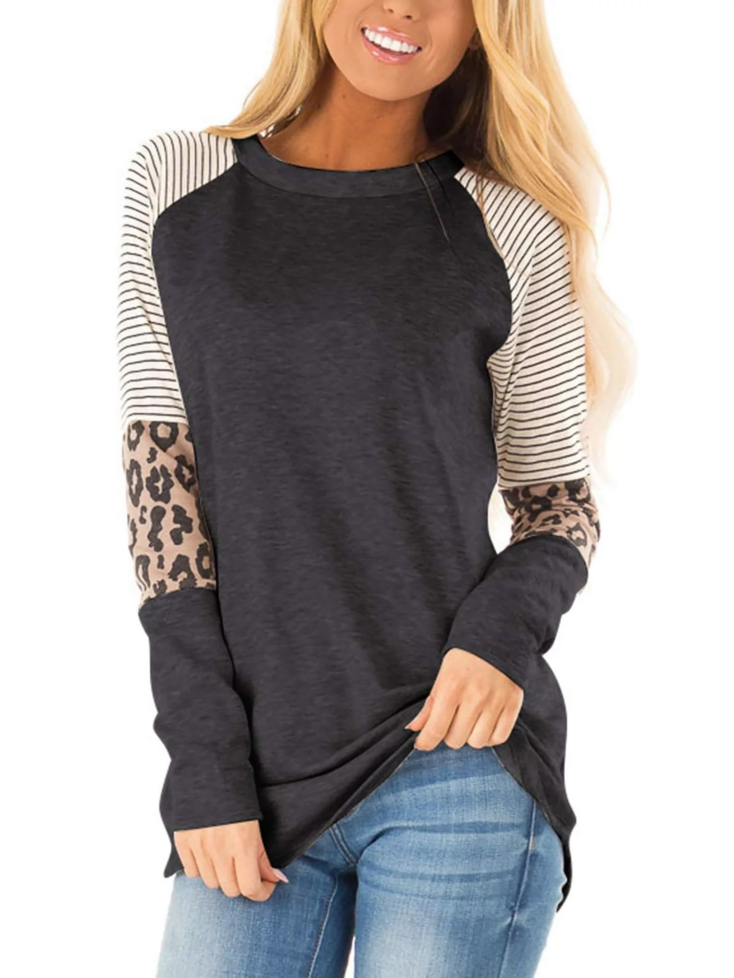 Sieanear Women's Striped Color Block Leopard T-Shirt - Short Sleeve Casual Top, Loose Fit