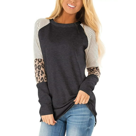 SWQZVT Long Sleeve Shirts for Women Fall Tops Color Block T Shirts Round Neck Striped Printed Tops for Women Pullover Shirts Casual Fashion Leopard Grayblack Tee Plus Size XXL