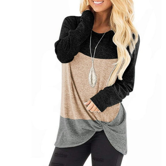 SWQZVT Long Sleeve Shirts for Women Fall Tops Crew Neck T Shirts Casual Loose Fit Tunic Tops Trendy Fashion Black Block Blouses Tee for Legging Twist Knot Pullover Sweatshirts Size L
