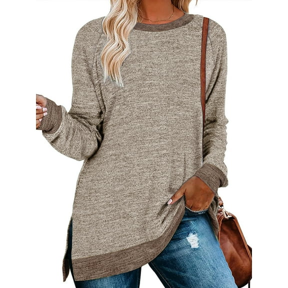 SWQZVT Long Sleeve Shirts for Women Fall Tops Fashion T Shrts Crew Neck Color Block Casual Tunic Tops Side Split Lightweight Pullover Sweatshirts Khaki Size M