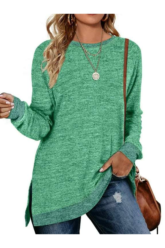 Long Sleeve Shirts for Women Fall Tops Fashion T Shrts Crew NeckColor Block Casual Tunic Tops Side Split Lightweight Pullover Sweatshirts Green Plus Size 3XL