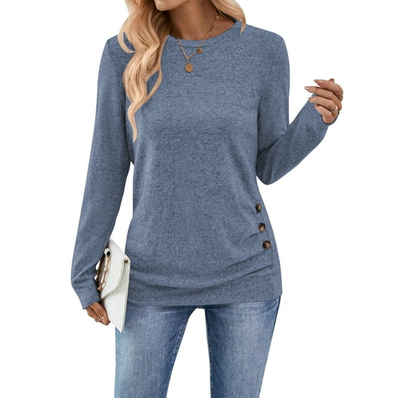 SWQZVT Long Sleeve Shirts for Women Autumn Shirts for Women Tunic Womens Tops Lightweight Trendy Women Fall Tops Crew Neck Winter Clothes Blue L
