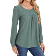 SWQZVT Long Sleeve Blouses for Women Fall Dressy Eyelet Shirts Tops Fashion Casual Green Crew Neck Pleated Womens Tops XL