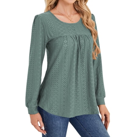 SWQZVT Long Sleeve Blouses for Women Fall Dressy Eyelet Shirts Tops Fashion Casual Green Crew Neck Pleated Womens Tops XXL