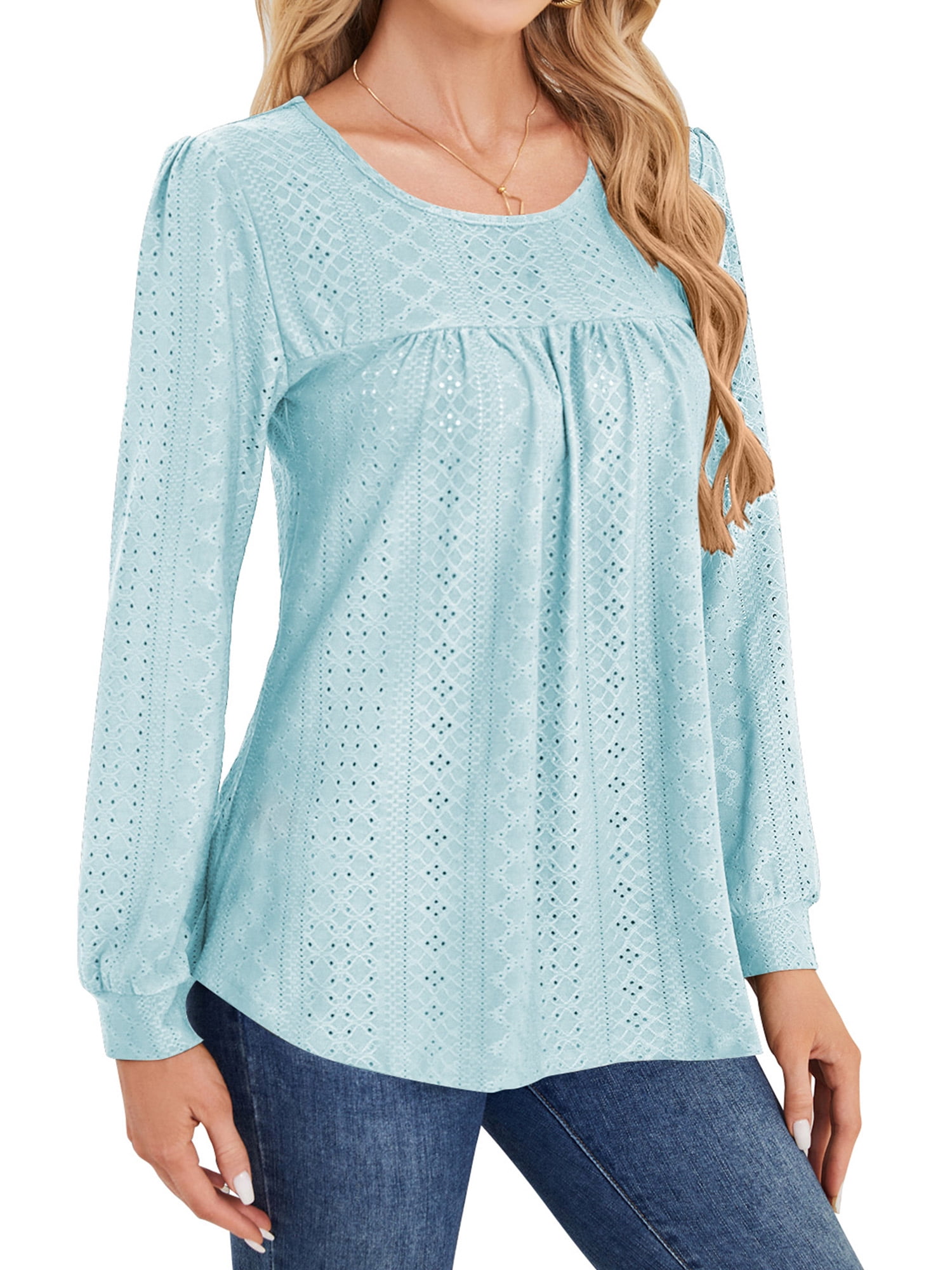 Long Sleeve Blouses for Women Fall Dressy Eyelet Shirts Tops Ladies 2025 Blue Crew Neck Cute Casual Tee Shirts L