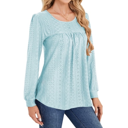 SWQZVT Long Sleeve Blouses for Women Fall Dressy Eyelet Shirts Tops Ladies 2025 Blue Crew Neck Cute Casual Tee Shirts XL