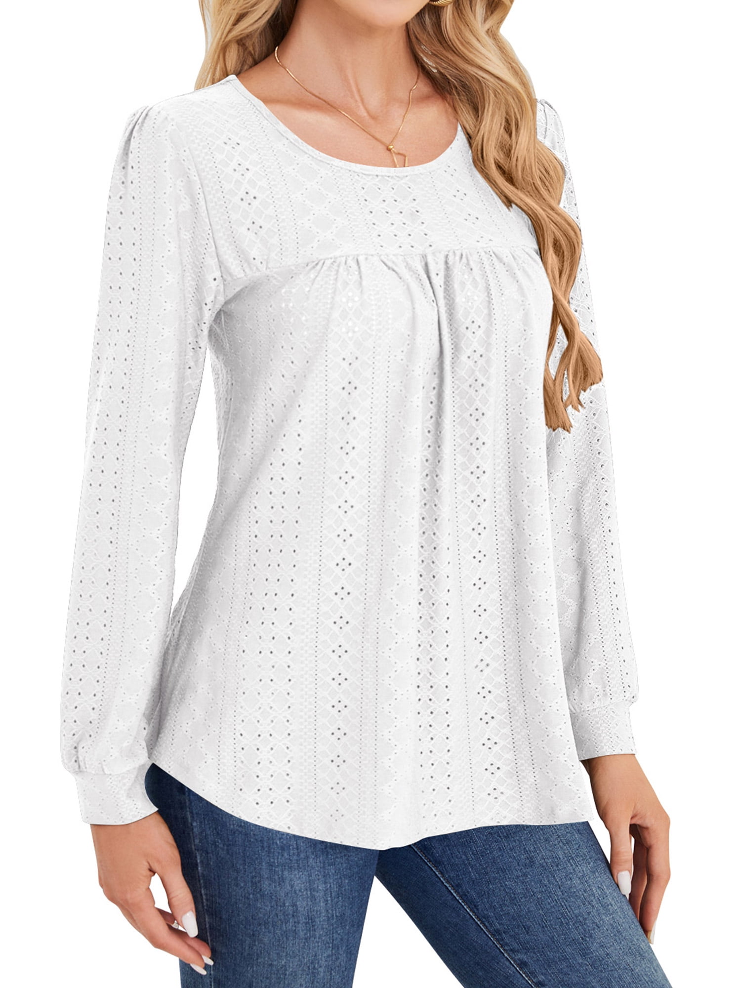 Long Sleeve Blouses for Women Fall Dressy Eyelet Shirts Tops White Casual Crew Neck Pleated Ladies Tunic Tops L