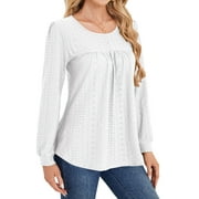SWQZVT Long Sleeve Blouses for Women Fall Dressy Eyelet Shirts Tops White Casual Crew Neck Pleated Ladies Tunic Tops L