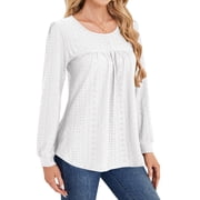 SWQZVT Long Sleeve Blouses for Women Fall Dressy Eyelet Shirts Tops White Casual Crew Neck Pleated Ladies Tunic Tops XL
