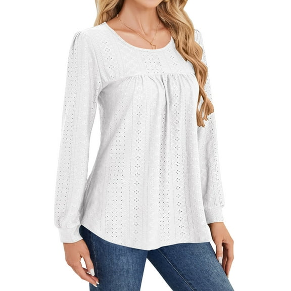 SWQZVT Long Sleeve Blouses for Women Fall Dressy Eyelet Shirts Tops White Casual Crew Neck Pleated Ladies Tunic Tops XL