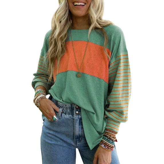 SWQZVT Long Sleeve Tops Oversized Round Crew Neck Casual Color Block Womens Shirts Blouses