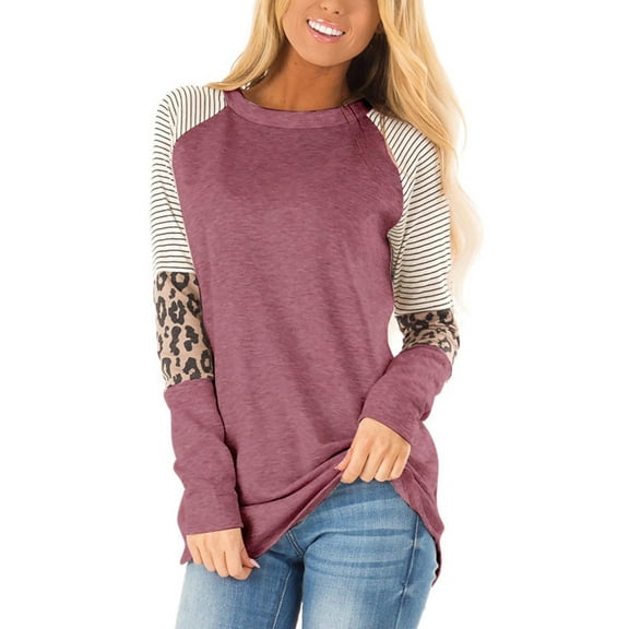 SWQZVT Long Sleeve Tops for Womens Fall Shirts Crewneck Tunics Tops Trendy Leopard Striped Casual Color Block Tshirts Raglan Sleeve Tee Pullover Sweatshirts Redwine Clothes Size XL