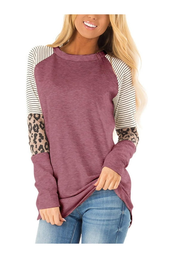 Long Sleeve Tops for Womens Fall Shirts Crewneck Tunics Tops Trendy Leopard Striped Casual Color Block Tshirts Raglan Sleeve Tee Pullover Sweatshirts Redwine Clothes Size XL