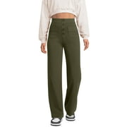 SWQZVT Pants for Women Straight Leg Pant Casual High Waisted Button Pants with Pocket Lightweight Pants for Womens Clothes Elastic Waisted Stretchy Business Work Slacks