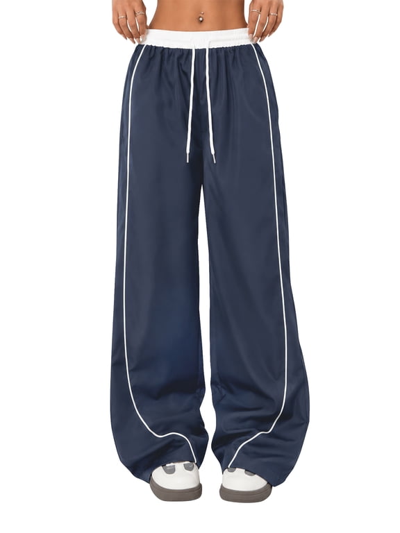 Women's Wide Leg Track Pants with Pockets, High Waisted Drawstring Sweatpants, Side Stripe Casual Lounge Workout Pants