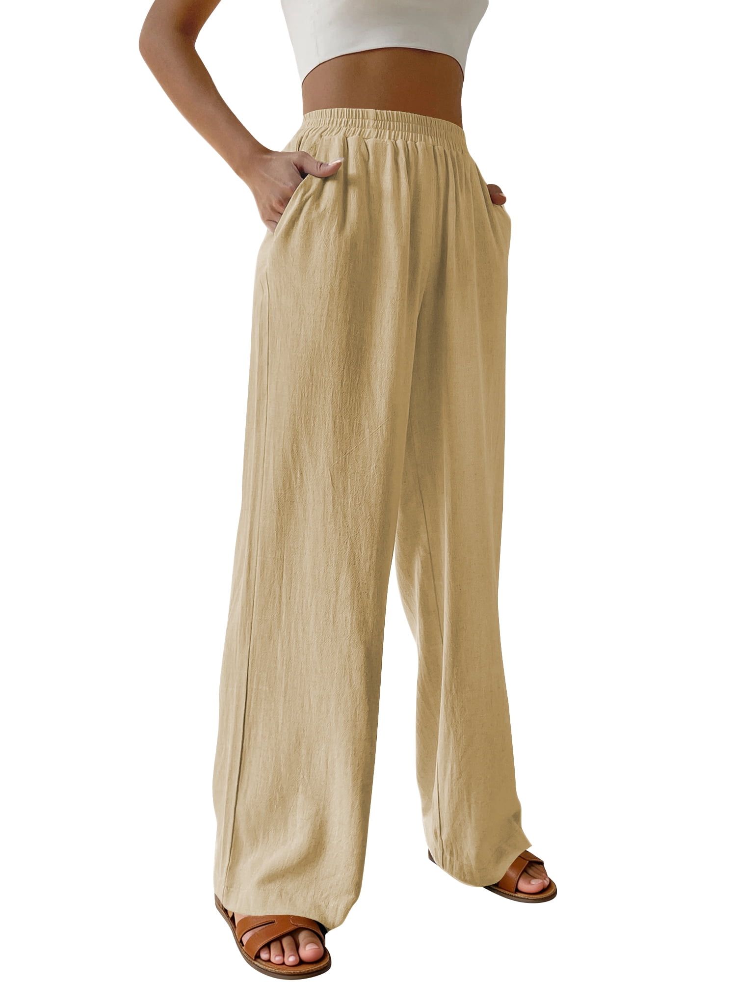 Pants for Women Wide Leg Linen Pant Summer Casual Palazzo Khaki Flowy Pants with Pocket Loose Lightweight Trousers Slacks