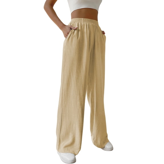 SWQZVT Pants for Women Wide Leg Linen Pant Summer Casual Palazzo Khaki Flowy Pants with Pocket Loose Lightweight Trousers Slacks