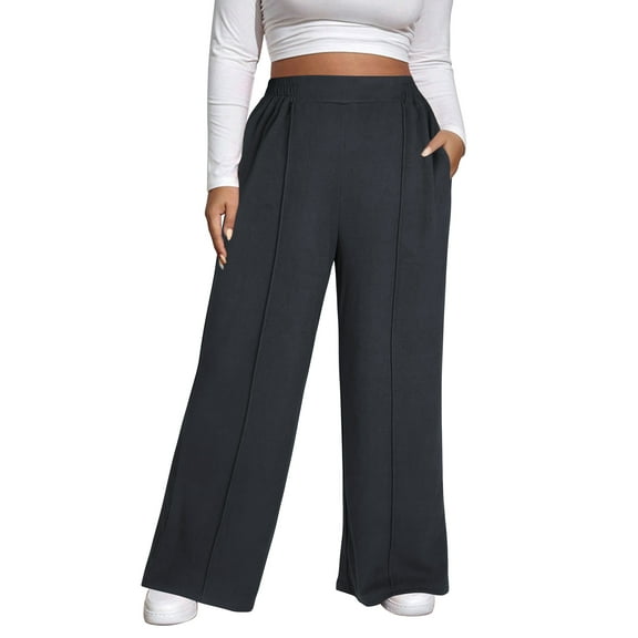 SWQZVT Womens Plus Size Pants Comfy Elastic Waisted Wide Leg Casual Pants with Pockets Womens Loose Lounge Trousers M