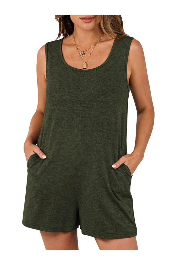 Rompers for Women Summer Clothes Sleeveless Jumpsuits with Pockets Crew Neck Tank Shorts Cotton Outfit Set Army Green 2XL