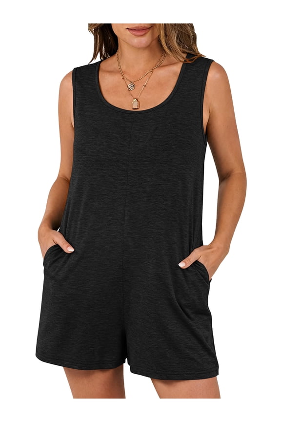 Rompers for Women Summer Clothes Sleeveless Jumpsuits with Pockets Crew Neck Tank Shorts Cotton Outfit Set Black L