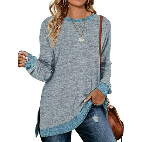 SWQZVT Shirts for Women Fall Long Sleeve Tops Fashion T Shrts Crew Neck Color Block Casual Tunic Tops Side Split Lightweight Pullover Sweatshirts Lightblue Size L