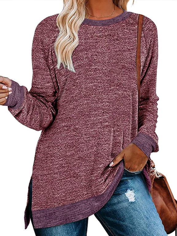 Shirts for Women Long Sleeve Tops Sweatshirts Fall Clothes Crew Neck Fashion Casual Loose Color Block Tunic Tops Pullover Basic Slits T-Shirts Purple Plus Size XXL