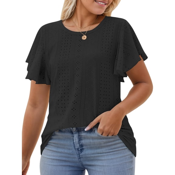 SWQZVT Shirts for Women Eyelet Embroidery Summer Tops Casual Plus Size Short Sleeve Crewneck T Shirts Loose Tunic Spring Blouses
