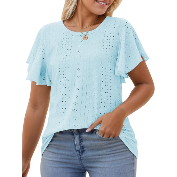 SWQZVT Shirts for Women Eyelet Embroidery Summer Tops Casual Plus Size Short Sleeve Crewneck T Shirts Loose Tunic Spring Blouses
