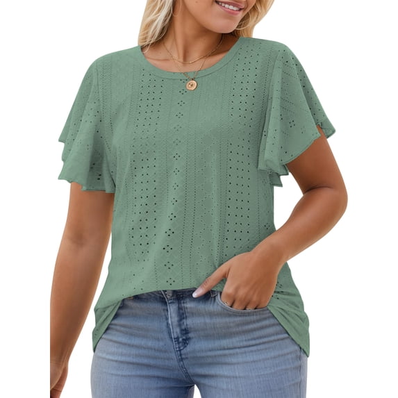 SWQZVT Shirts for Women Plus Size Summer Tops Casual Eyelet Embroidery Short Sleeve Crewneck T Shirts Loose Tunic Spring Blouses