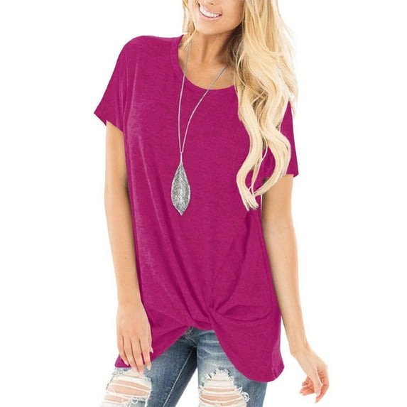 SWQZVT Summer Crew Neck Tunics Top Casual Loose Short Sleeve T-shirts Twist Knot Blouse for Women Purplish Red Tee XL