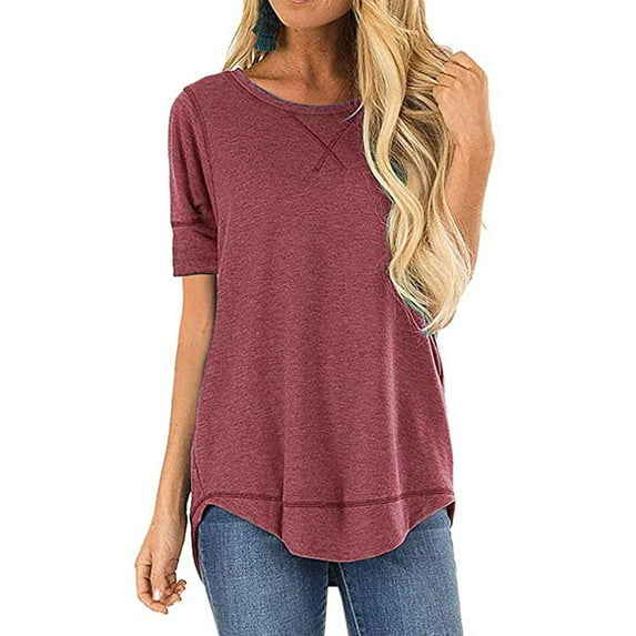 SWQZVT Summer Short Sleeve tunic t shirt for Women Dressy Red Flowy Shirts high low tops for women Comfy Tee Size XL