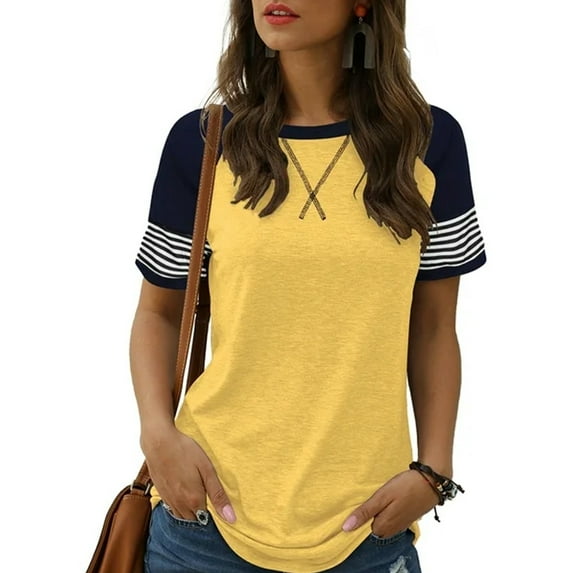 SWQZVT Summer Tops for Women Short Sleeve Color Block Casual Tunic Crew Neck Cute Striped T Shirts Yellow Women Tops Size XXL