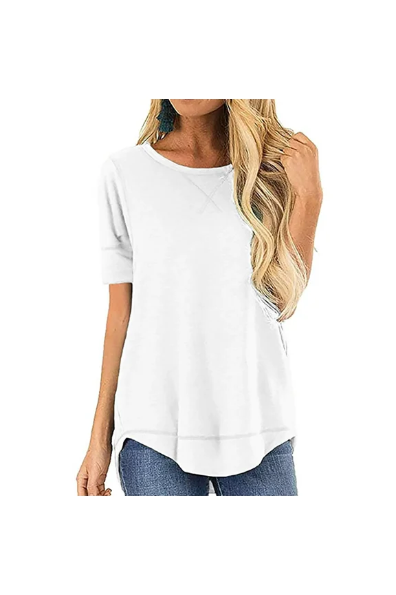 Summer Tshirts for Women Tops Short Sleeve Casual High Low Shirts Trendy Loose Crew Neck Tee Solid Color White Size S