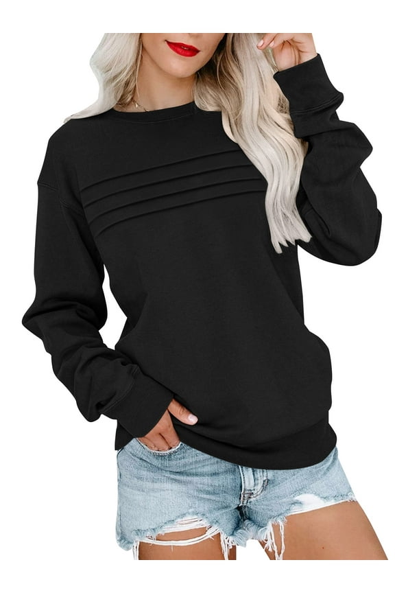 Sweatshirts for Women Long Sleeve Casual Pullover Tops Fall Trendy Crewneck Black Soft Knit Womens Sweatshirt M