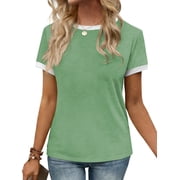 SWQZVT T Shirts for Womens Tops Summer Clothes Short Sleeve Trendy Crew Neck Blouses Ladies Clothing Pullover Cotton Green L