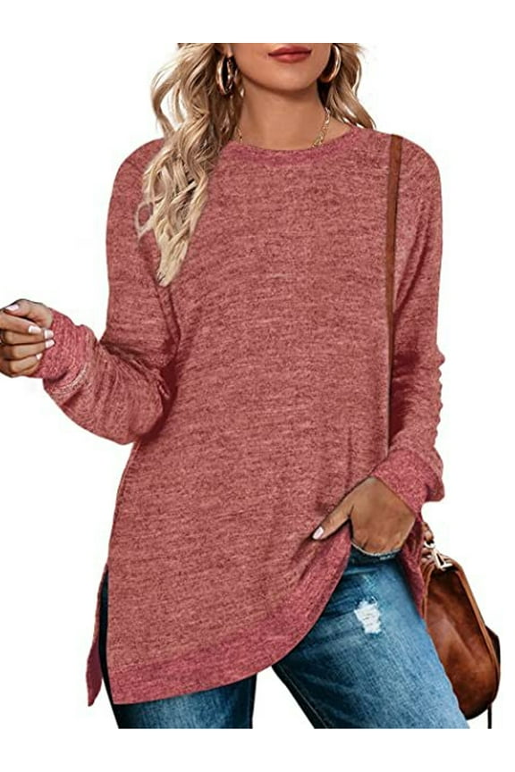 Tops for Women Long Sleeve Fall Shirts Basic Crew Neck Trendy Color Block Loose Casual Light Weight Sweatshirts Slits Tunic Pullover Tops Clothing Pink Size XL
