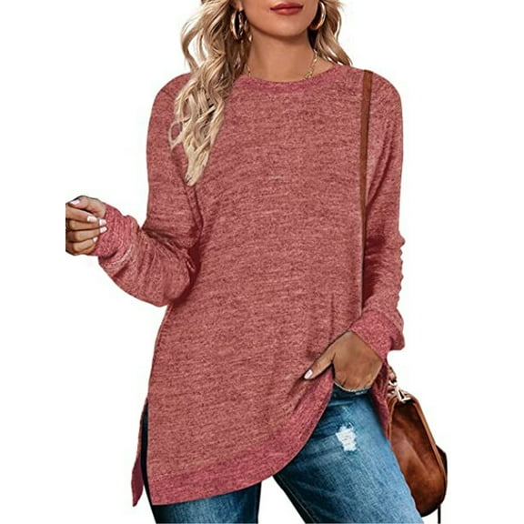 SWQZVT Tops for Women Long Sleeve Fall Shirts Basic Crew Neck Trendy Color Block Loose Casual Light Weight Sweatshirts Slits Tunic Pullover Tops Clothing Pink Size L