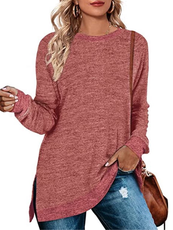 Tops for Women Long Sleeve Fall Shirts Basic Crew Neck Trendy Color Block Loose Casual Light Weight Sweatshirts Slits Tunic Pullover Tops Clothing Pink Size XL