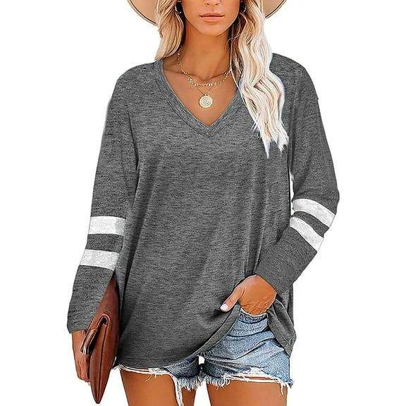 SWQZVT Tops for Women Casual Fall V-Neck Blouse Women Long Sleeve Tunics Top Comfy Softness Striped Shirts Gray Tees