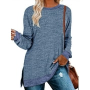 SWQZVT Tunic Tops for Women Long Sleeve Tops Fall Shirts Basic Round Neck Trendy Color Block Loose Casual Light Weight Sweat Shirts Slits Pullover Blue Size L