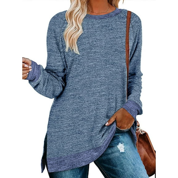SWQZVT Tunic Tops for Women Long Sleeve Tops Fall Shirts Basic Round Neck Trendy Color Block Loose Casual Light Weight Sweat Shirts Slits Pullover Blue Size L