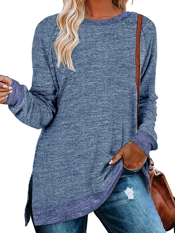 Tunic Tops for Women Long Sleeve Tops Fall Shirts Basic Round Neck Trendy Color Block Loose Casual Light Weight Sweat Shirts Slits Pullover Blue Size XL